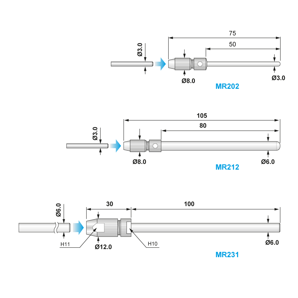 Hållare polerstift MR202 MR212 MR231 ritning
