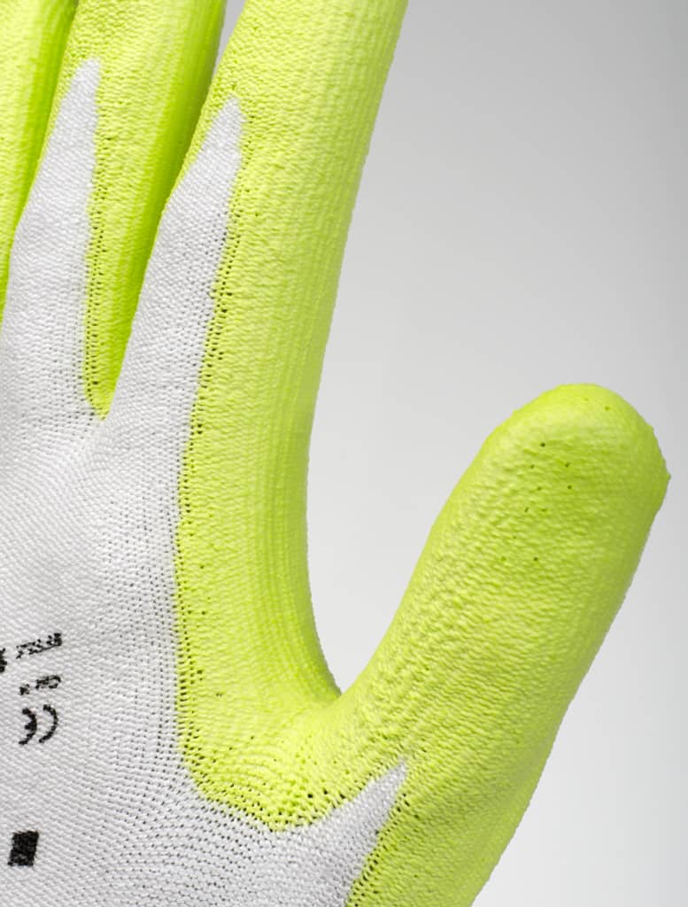 Tegera 983 handflatedoppad synlighetsfärg skärskyddshandskar detalj tumme
